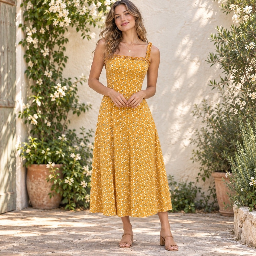 Mustard Yellow Floral Ruffle Midi Dress Medium Cottagecore Coastal Romantic